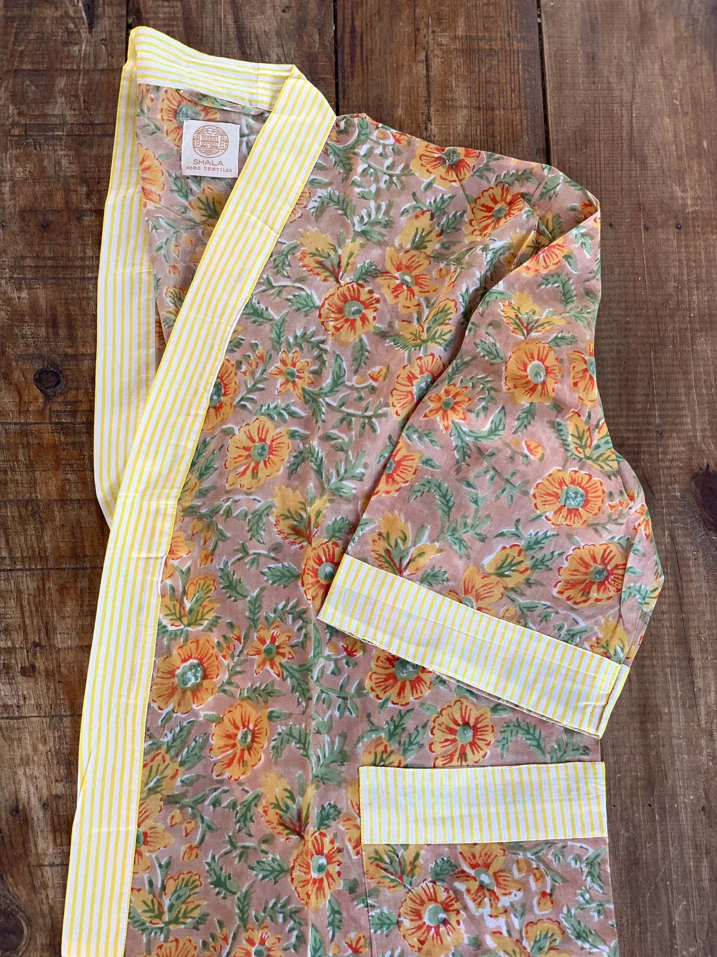 SET regalo · Bata kimono y bolsa de aseo juego · Algodón 100% puro estampado block print artesanal en India · Amarillo mix