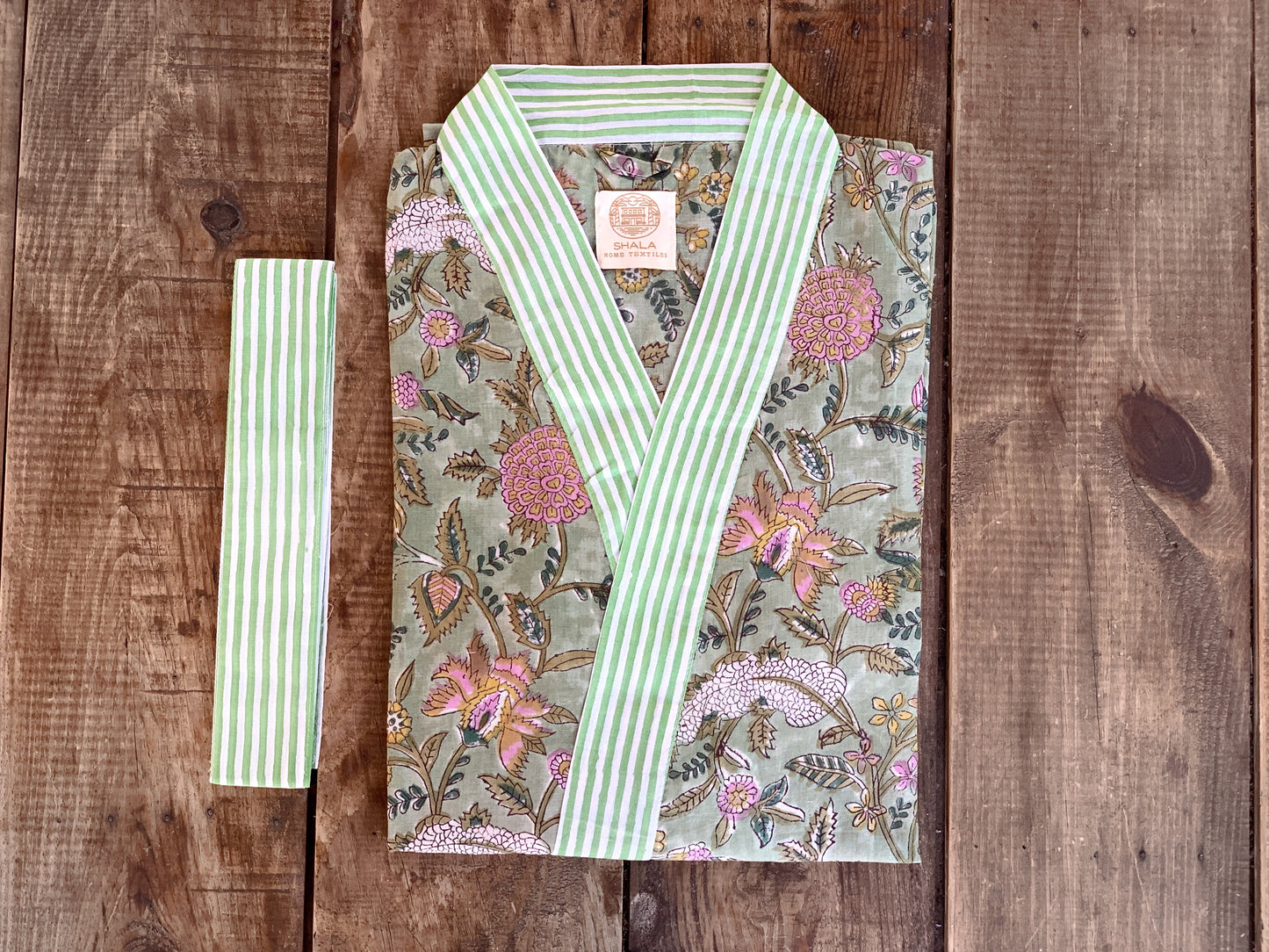 SET regalo · Bata kimono y bolsa de aseo juego · Algodón 100% puro estampado block print artesanal en India · Verde morado