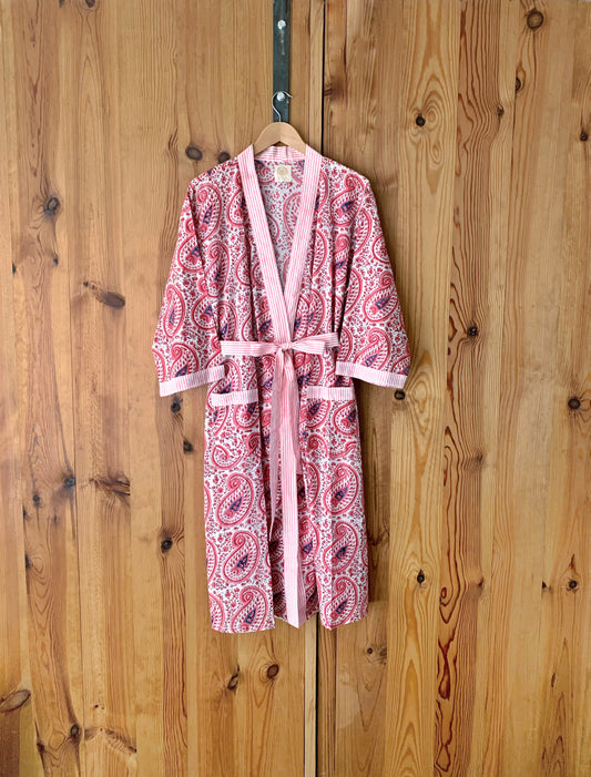 Kimono robe · Pure cotton block print handmade in India · Bride robe · Bridesmaid robe · Boho kimono · Water green pink flowers