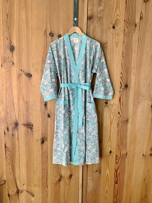 Kimono robe · Pure cotton block print handmade in India · Bride robe · Bridesmaid robe · Boho kimono · Water green pink flowers