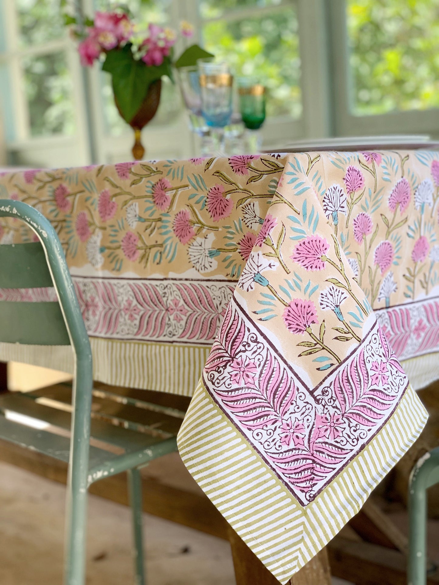 Pure cotton block print tablecloth handmade in India · Six diners · 100% Indian cotton boho chic tablecloth · Peach, pink and green