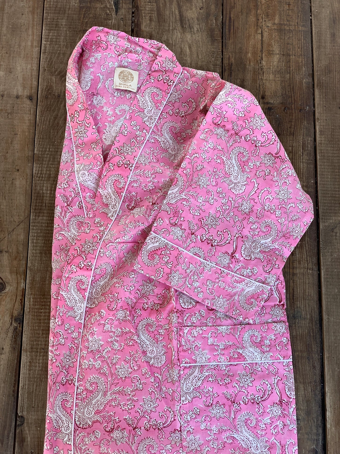 Gift SET Long-sleeved pajamas/long pants &amp; matching kimono robe Pure cotton block print handmade in India Pink